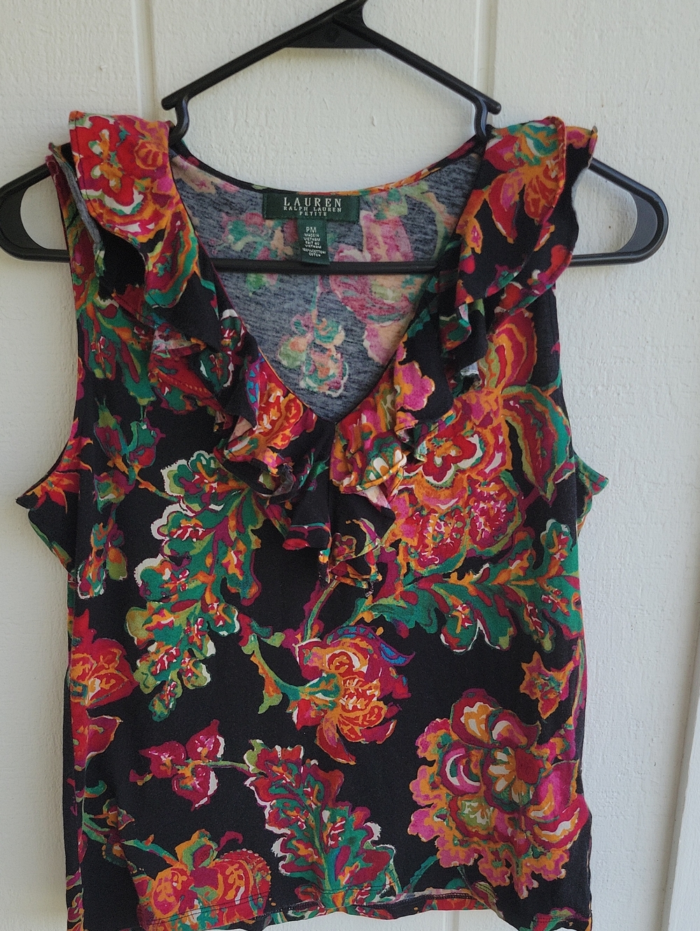 Lauren Ralph Lauren Black Floral Ruffle V-Neck Sleeveless Top